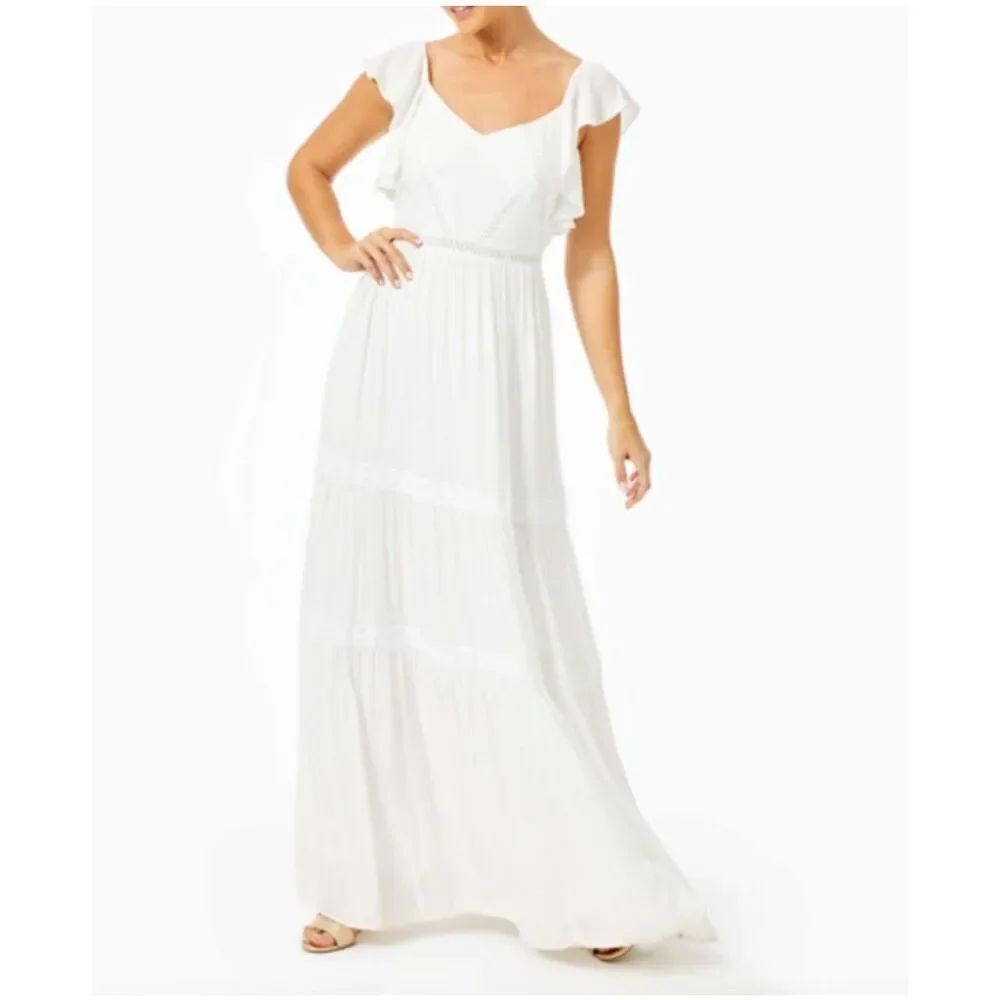 Lilly Pulitzer Ivie Maxi Dress in Resort White flutter sleeves tiered size 0